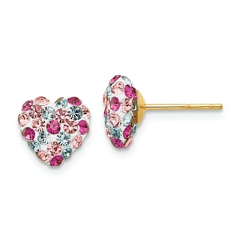 14k Yellow Gold 8mm Multi-Colored Crystal Heart Stud Earrings
