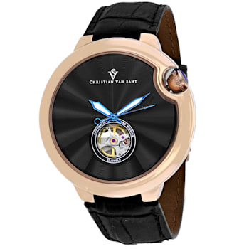 Christian Van Sant Men's Cyclone Automatic Black Dial, Black Leather
Strap Watch