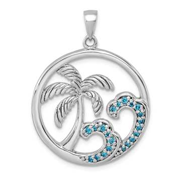 Rhodium Over Sterling Silver Cubic Zirconia Wave and Palm Tree Pendant