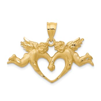 14k Yellow Gold Satin and Diamond-Cut Angels Heart Pendant