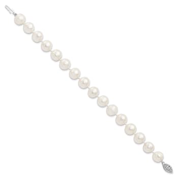 Rhodium Over Sterling Silver 10-11mm White Freshwater Cultured Pearl Bracelet