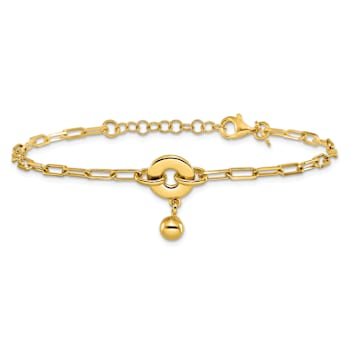 18K Yellow Gold Over Sterling Silver Circle Charm with Fancy Link Bracelet