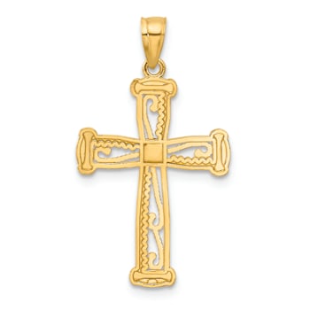 14k Two-tone Gold Diamond-Cut and Beaded Textured Cross Pendant