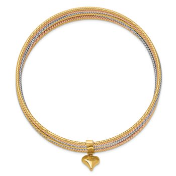 14k Tri-color Gold 11mm Oversized Set of 7 Textured Slip-on Bangles with
Dangle Heart Charm