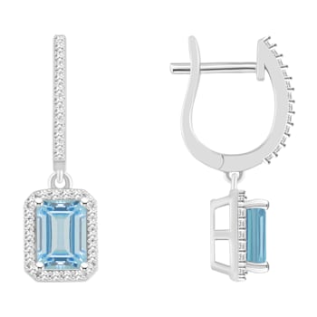 7x5mm Emerald Cut Aquamarine 1/3 ctw Diamond Rhodium Over Sterling
Silver Halo Dangle Earrings