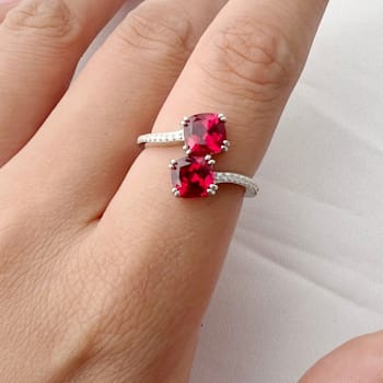 Red Lab Created Ruby and Moissanite Rhodium Over Sterling Silver Bypass Ring