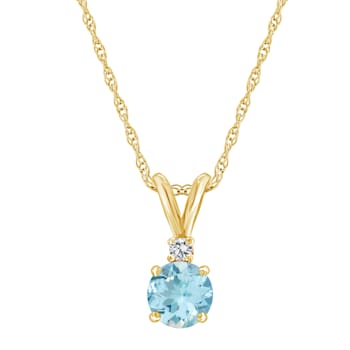 6mm Round Aquamarine with Diamond Accent 14k Yellow Gold Pendant With Chain