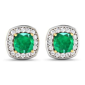 1.92ctw 14K Yellow Gold  Zambian Green Emerald and White Diamond Halo Earrings
