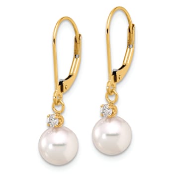 14K Yellow Gold 7-8mm Round White Akoya Cultured Pearl 0.10 cttw Diamond
Dangle Leverback Earrings