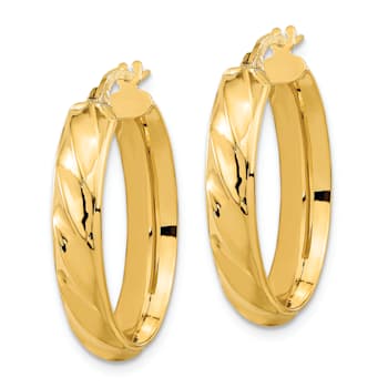 14k Yellow Gold Polished and Twisted 1" Oval Hoop Earrings