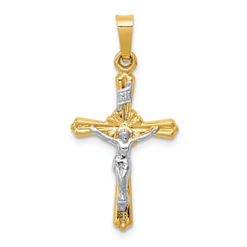 14K Two-tone Gold Polished Brushed Flower Center INRI Crucifix Pendant