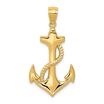 14k Yellow Gold Textured and Polished Anchor with Rope Pendant