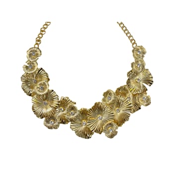 Gold Tone Metal Flower with Crystal Necklace