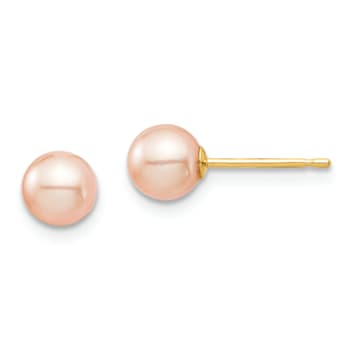 14K Yellow Gold 5-6mm Pink Round Freshwater Cultured Pearl Stud Post Earrings