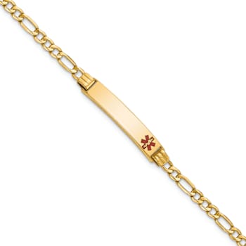 10k Yellow Gold Polished Medical Red Enamel Figaro Link ID Bracelet