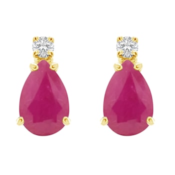 7x5mm Pear Shape Ruby with Diamond Accents 14k Yellow Gold Stud Earrings