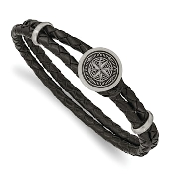 Black Leather and Stainless Steel Brushed Compass 8.5-inch Bracelet