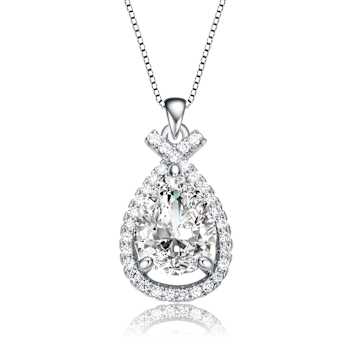 CZ Pear Shape Halo Pendant Necklace In White Rhodium Over Brass