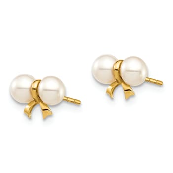 14k Yellow Gold 3-4mm White Round Freshwater Cultured Pearl Bow Stud Earrings