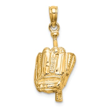 14k Yellow Gold 3D Polished and Textured Glove/Bat/Baseball Pendant