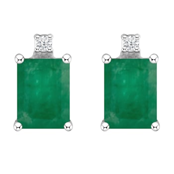 6x4mm Emerald Cut Emerald with Diamond Accents 14k White Gold Stud Earrings