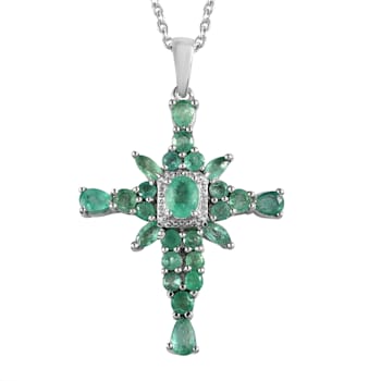 Sterling Silver Zambian Emerald and White Zircon Pendant With Chain 2.15ctw