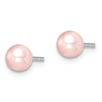 Rhodium Over Sterling Silver 4-5mm Pink Round FWC Pearl Stud Earrings