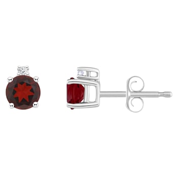 4mm Round Garnet with Diamond Accents 14k White Gold Stud Earrings