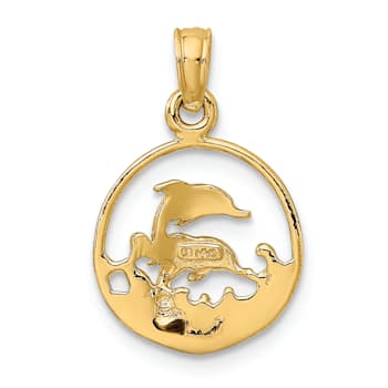 14k Yellow Gold Two Dolphins in Circle Pendant