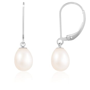 7-8mm White Cultured Freshwater Pearl Rhodium Over Sterling Silver Earrings