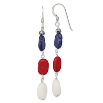 Sterling Silver Polished Red Coral, Crystal, White Jadeite, Lapis Dangle Earrings