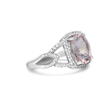 Rhodium Over Sterling Silver Oval Peach Morganite and White Zircon Ring 2.22ctw