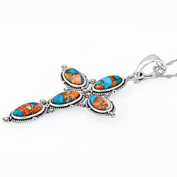 SpIny Oyster And Turquoise Cross Enhancer Necklace In Oxidized Sterling Silver