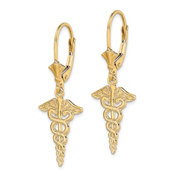 14K Yellow Gold Textured Caduceus Dangle Earrings