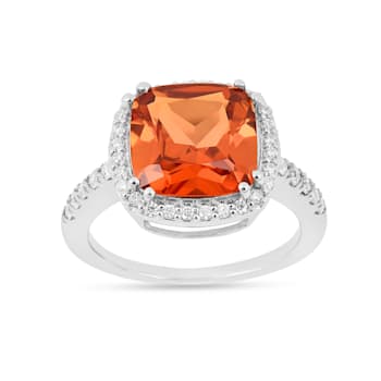 Peach Orange Lab Created Padparadscha Sapphire Rhodium Over Sterling
Silver Cushion Cut Halo Ring