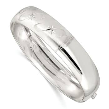 Sterling Silver Polished Diamond-cut and Textured Bangle