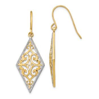 14K Yellow Gold and Rhodium Over 14K Yellow Gold Textured Diamond Shape
Filigree Dangle Earrings