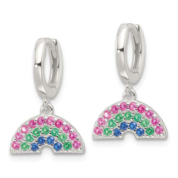 Sterling Silver E-Coating Multicolor CZ Dangle Rainbow Hoop Earrings