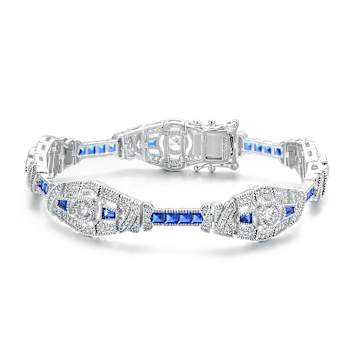 Sapphire Color CZ Oval Link Station Bracelet In Sterling Silver