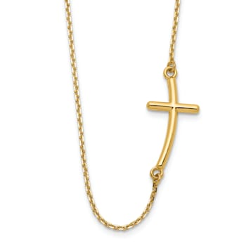 14K Yellow Gold Large Sideways Curved Cross Necklace