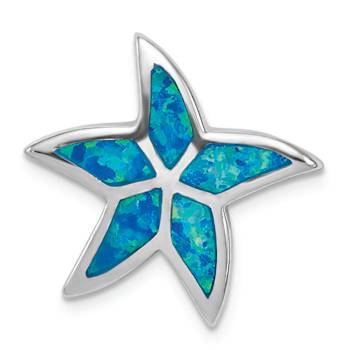 Rhodium Over Sterling Silver Lab Created Blue Opal Starfish Slide Pendant
