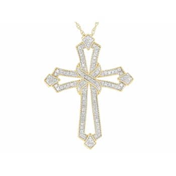 White Diamond 14k Yellow Gold Over Sterling Silver Cross Pendant With
18" Rope Chain 0.20ctw