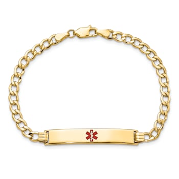 14k Yellow Gold Medical Polished Red Enamel Curb ID Bracelet