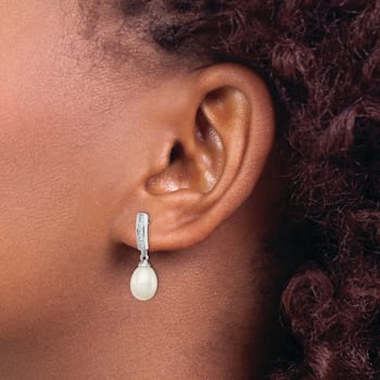 Rhodium Over Sterling Silver 8-9mm White FWC Pearl Cubic Zirconia Post
Dangle Earrings