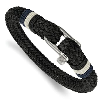 Woven Black Cotton and Stainless Steel Polished 8.5-inch Bracelet