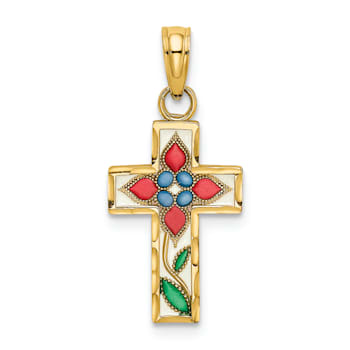 14k Yellow Gold Enameled with Flower Cross Charm