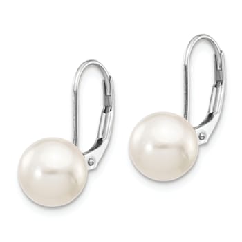 Rhodium Over 14K White Gold 8-9mm Round White Saltwater Akoya Pearl
Leverback Earrings