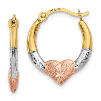 14k Yellow Gold and Rhodium Over 14k Yellow Gold Satin and Diamond-Cut
5/8" Heart Hoop Earrings