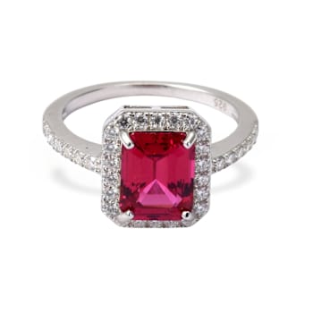Red Lab Created Ruby With Moissanite Accents Rhodium Over Sterling
Silver Ring