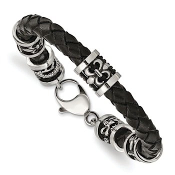 Stainless Steel Antiqued and Polished Fleur De Lis/Dragon Leather Bracelet
